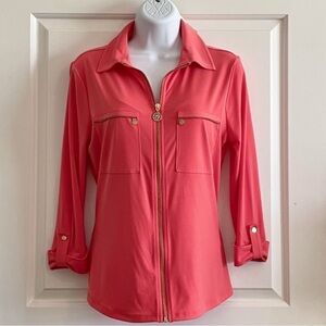 Anne Klein Gold / Peach Blouse Lion Logo Zipper